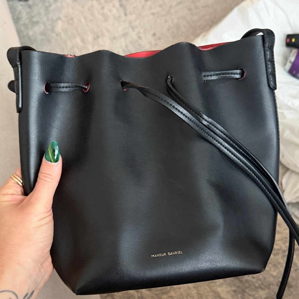 Mansur Gavriel Black Bucket Bag with Red Interior
